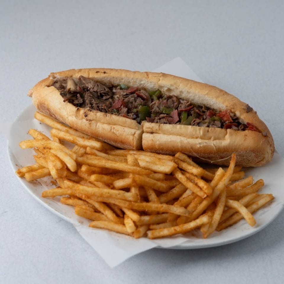 A TJ's Pizza & Wings cheesesteak sandwich with steak, peppers, and onions, served with french fries.