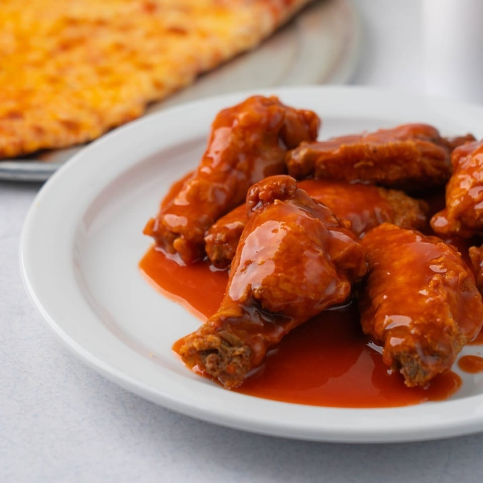 A white plate holds several chicken wings drenched in a vibrant orange-red sauce, with a pizza in the background.