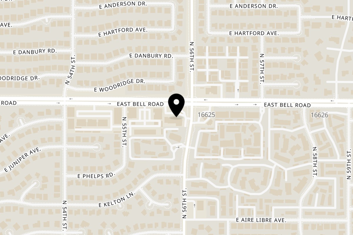 Map showing the location of TJ's Pizza & Wings on 5555 E Bell Rd # 14 in Scottsdale